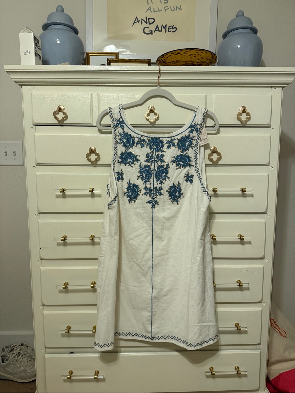 NWT Free People Samson Mini Sleeveless Cream Shift Dress with Blue Embroidery - Picture 2 of 4